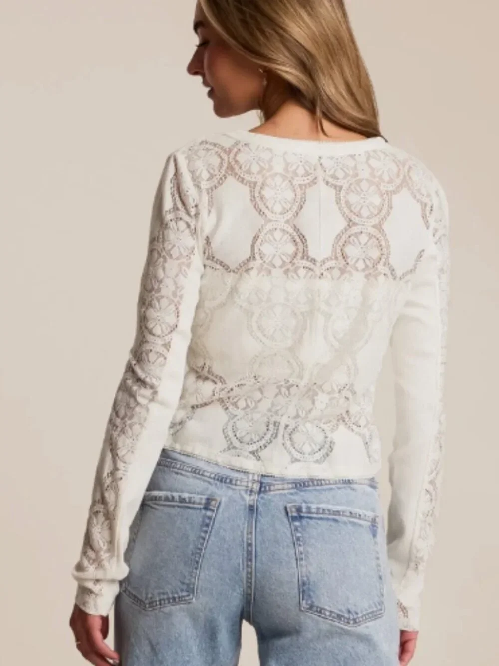 White Lace Long Sleeve Button Up Blouse- Free People - Size Large NWOT